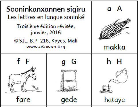 Alphabet Chart:  A chart showing a word and image for each letter in the Soninke alphabet.  A great aid to literacy.